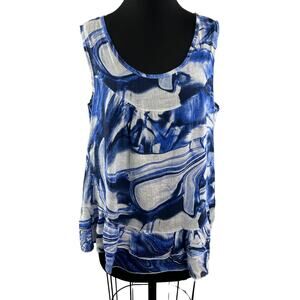 Piazza Del Tempio White Blue Tiered Top Linen Abstract Print Scoop Neck Size XL